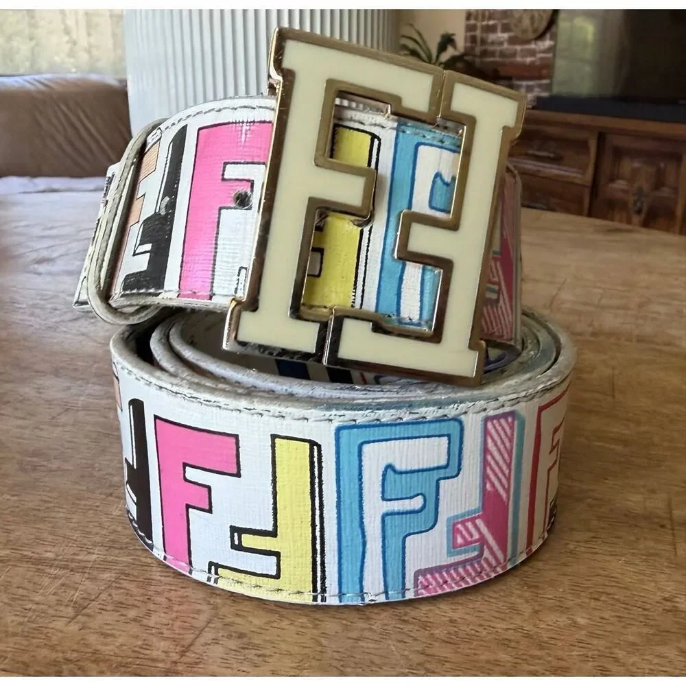 Vintage Fendi Multicolor FF Logo Leather Belt Made in Italy